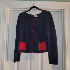 Navy cardigan trimmed in red by Hanna Anderson